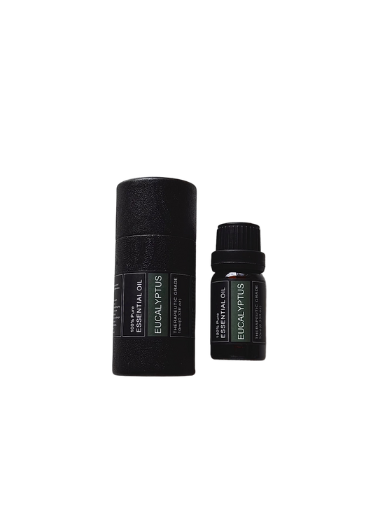 'Eucalyptus' essential oil bottle and packaging on a transparent background