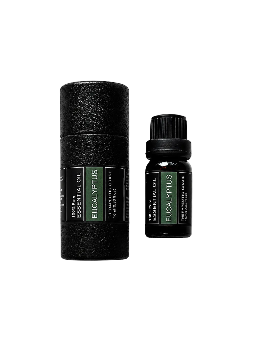 'Eucalyptus' essential oil bottle and packaging on a transparent background