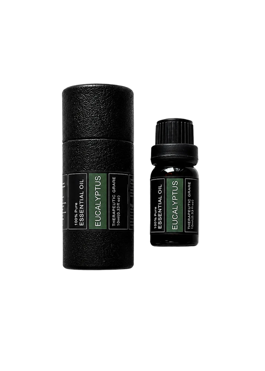 'Eucalyptus' essential oil bottle and packaging on a transparent background
