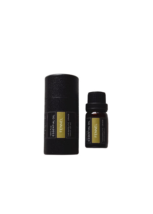 'Fennel' essential oil bottle and packaging on a transparent background