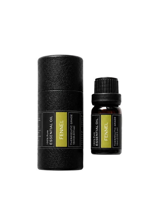 'Fennel' essential oil bottle and packaging on a transparent background