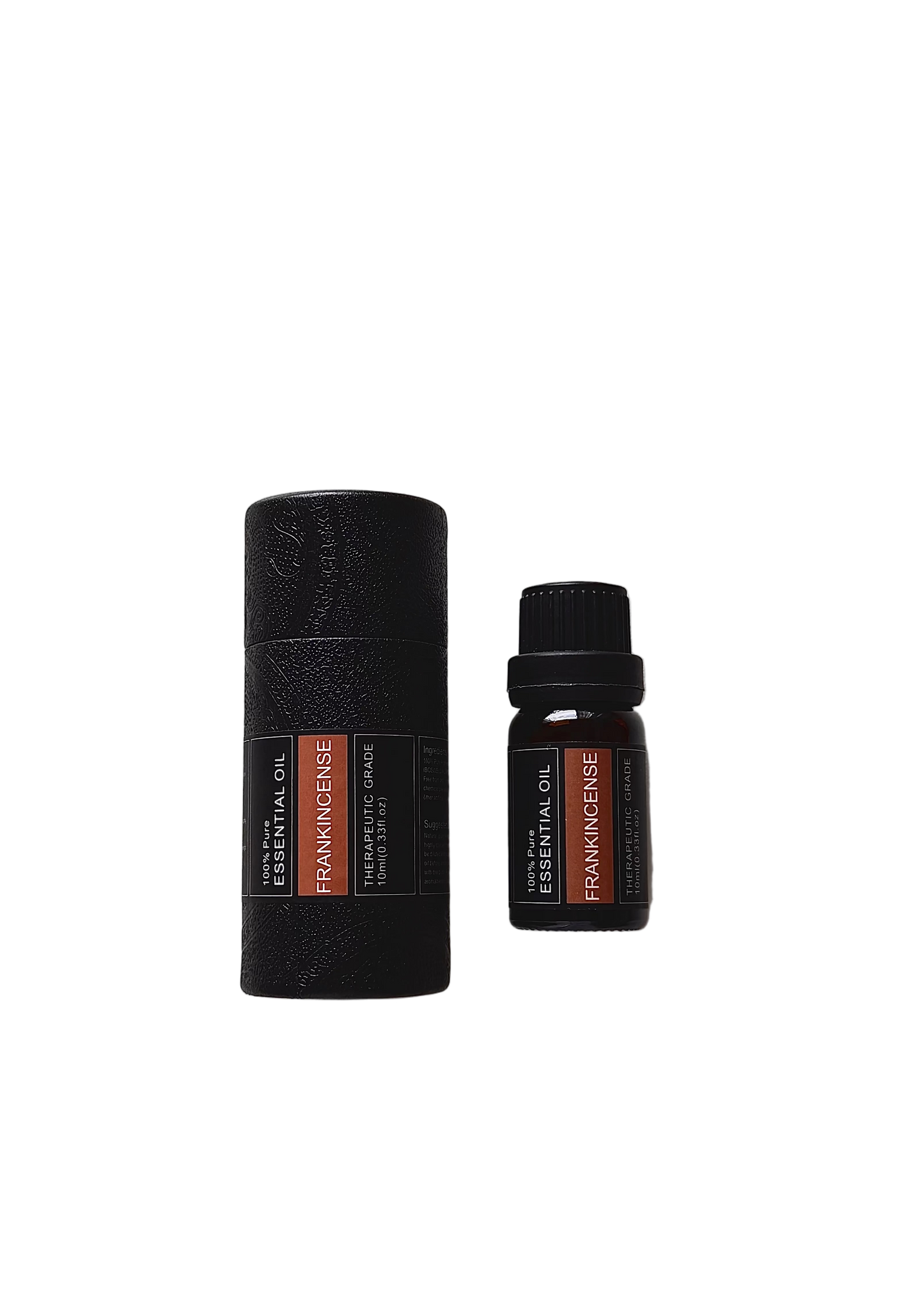 'Frankincense' essential oil bottle and packaging on a transparent background