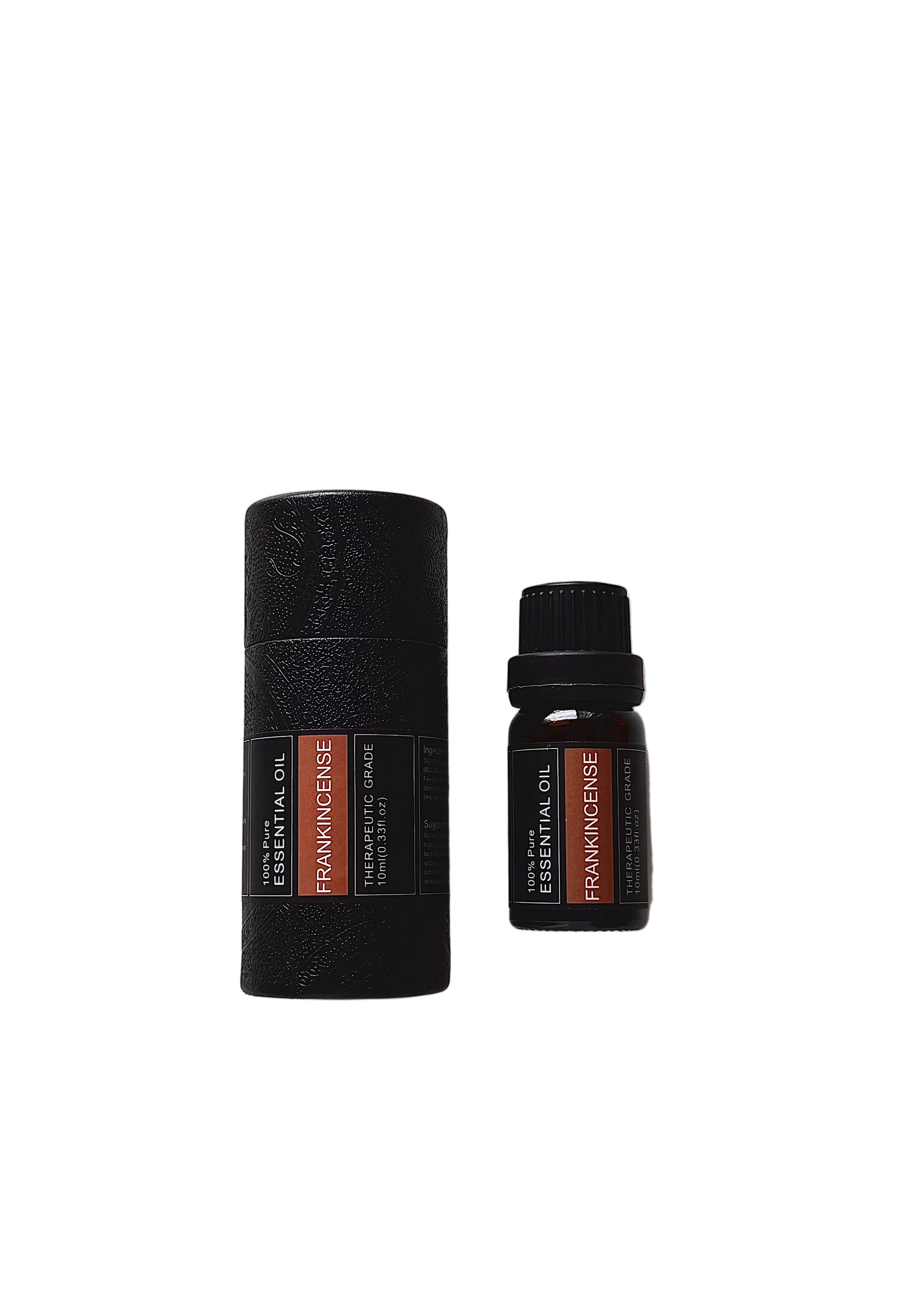 'Frankincense' essential oil bottle and packaging on a transparent background