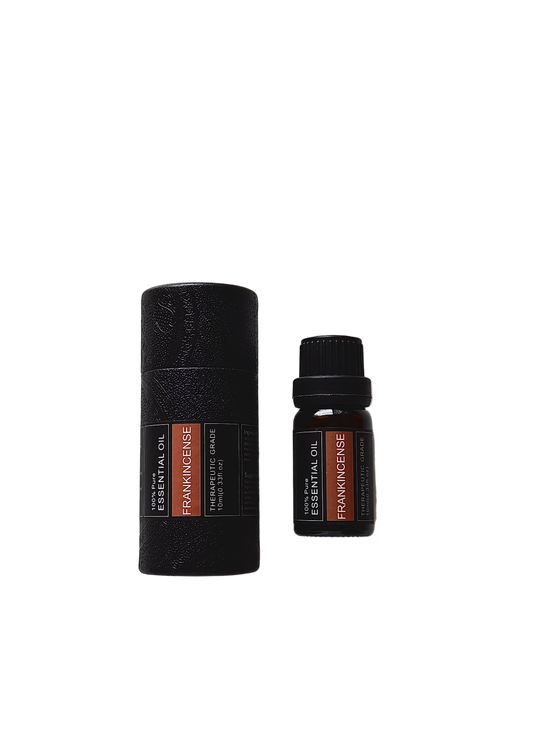 'Frankincense' essential oil bottle and packaging on a transparent background