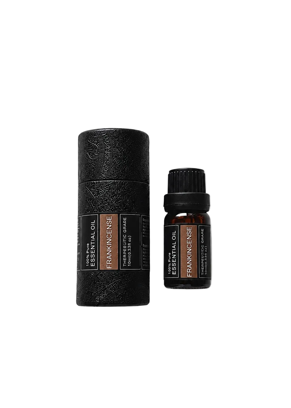 'Frankincense' essential oil bottle and packaging on a transparent background
