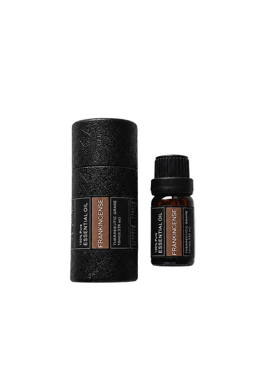 'Frankincense' essential oil bottle and packaging on a transparent background