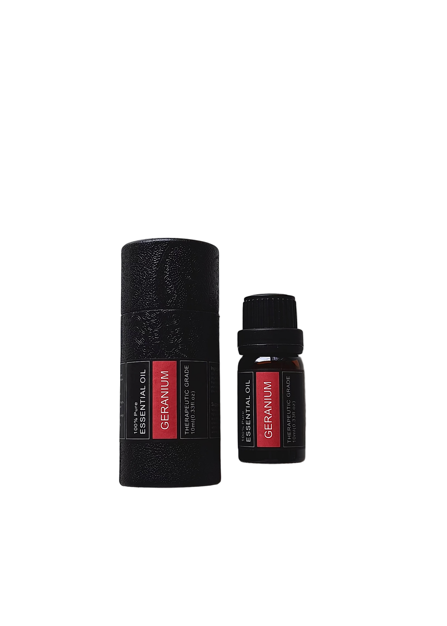 'Geranium' essential oil bottle and packaging on a transparent background