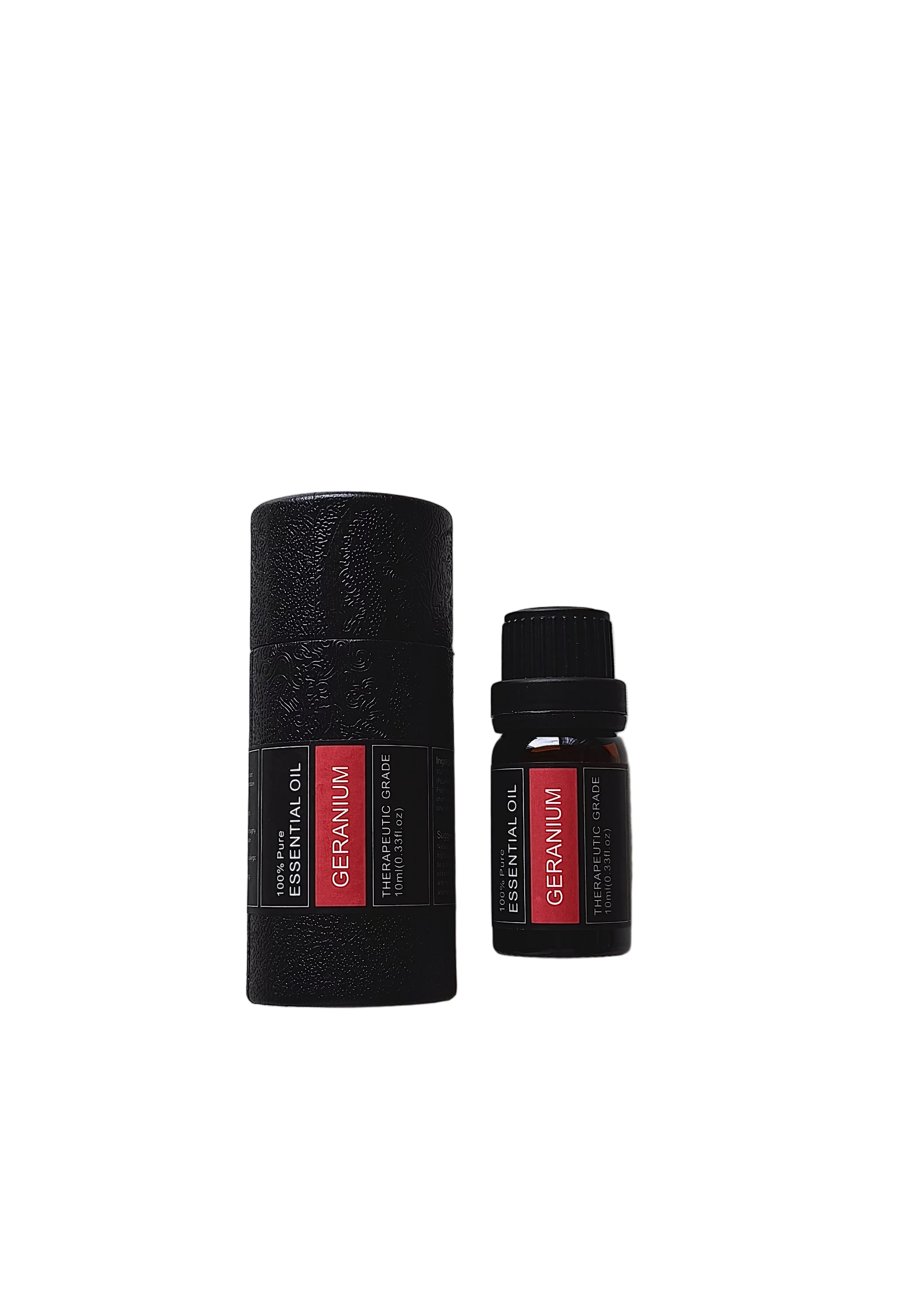 'Geranium' essential oil bottle and packaging on a transparent background