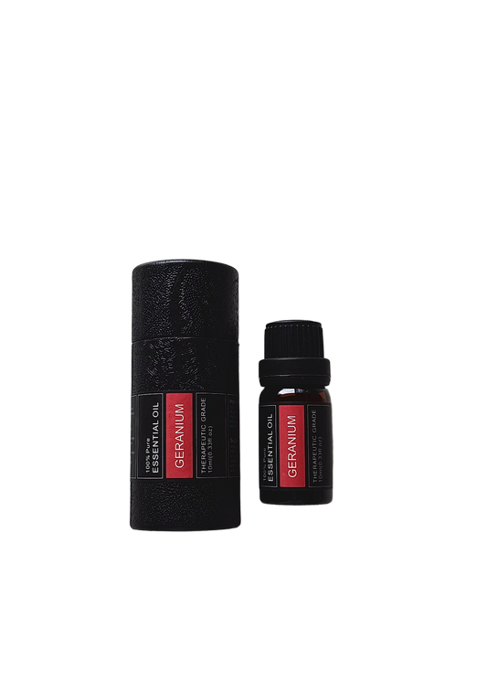 'Geranium' essential oil bottle and packaging on a transparent background