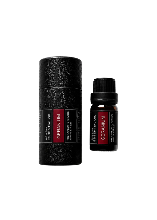 'Geranium' essential oil bottle and packaging on a transparent background