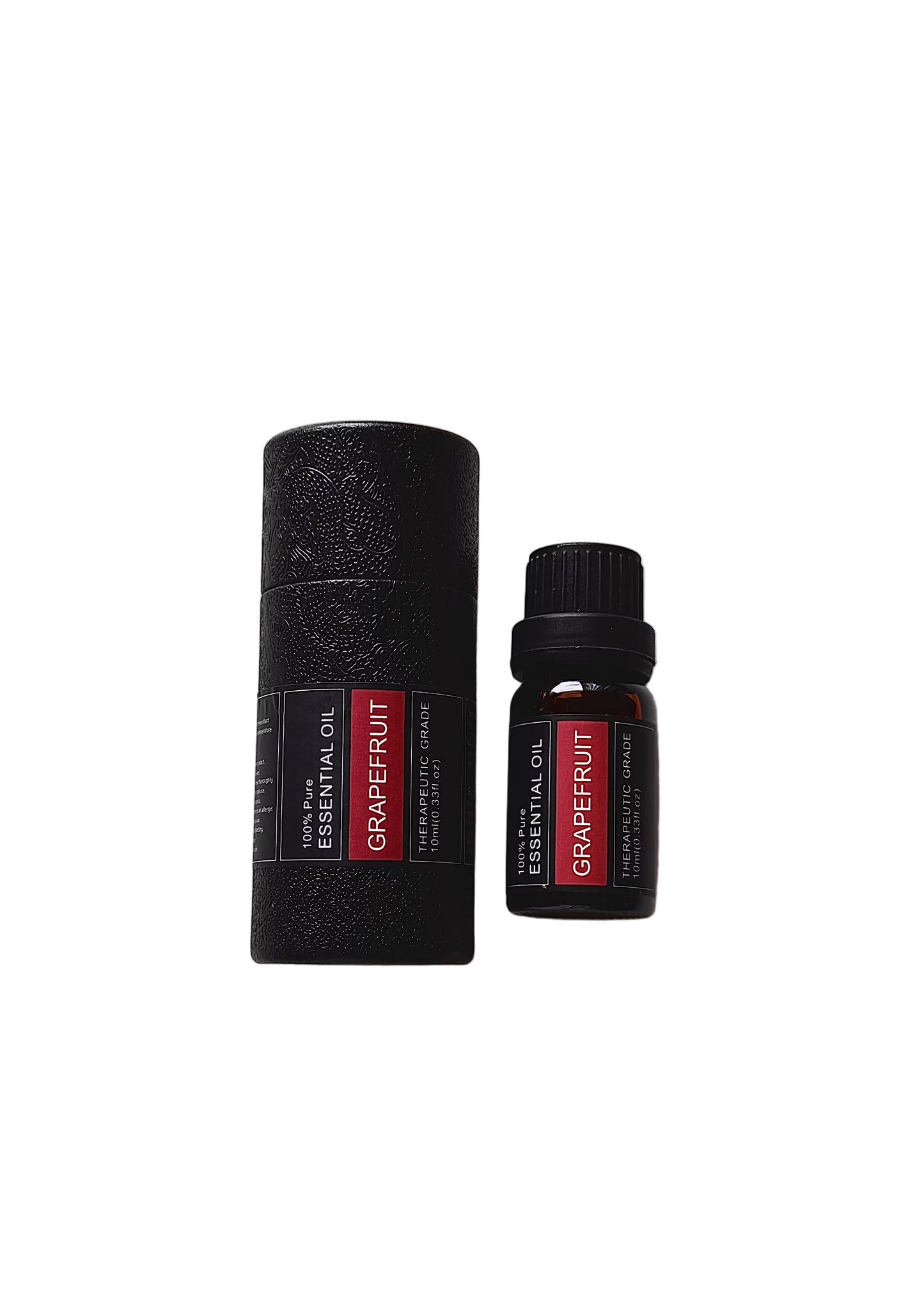 'Grapefruit' essential oil bottle and packaging on a transparent background