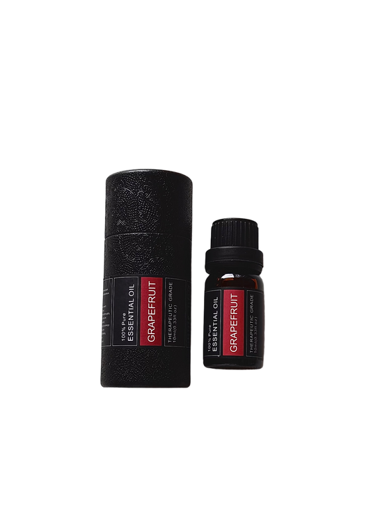 'Grapefruit' essential oil bottle and packaging on a transparent background