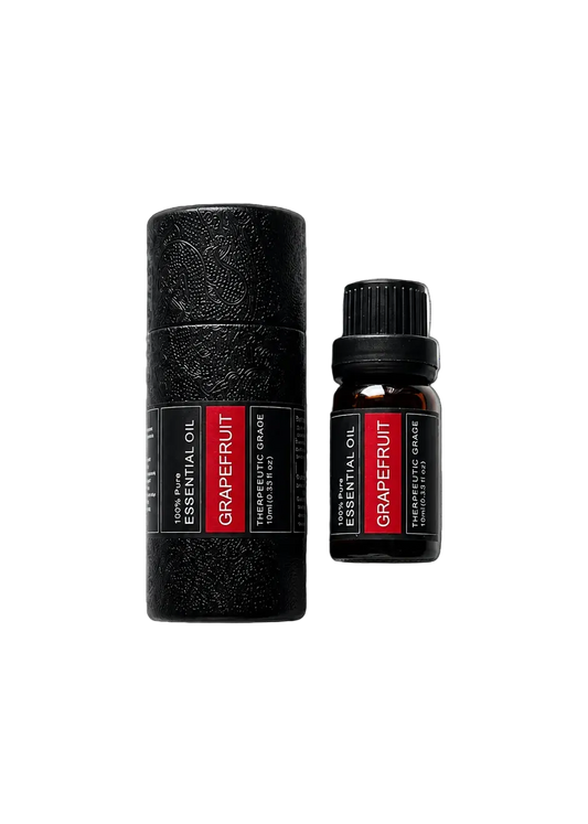 'Grapefruit' essential oil bottle and packaging on a transparent background