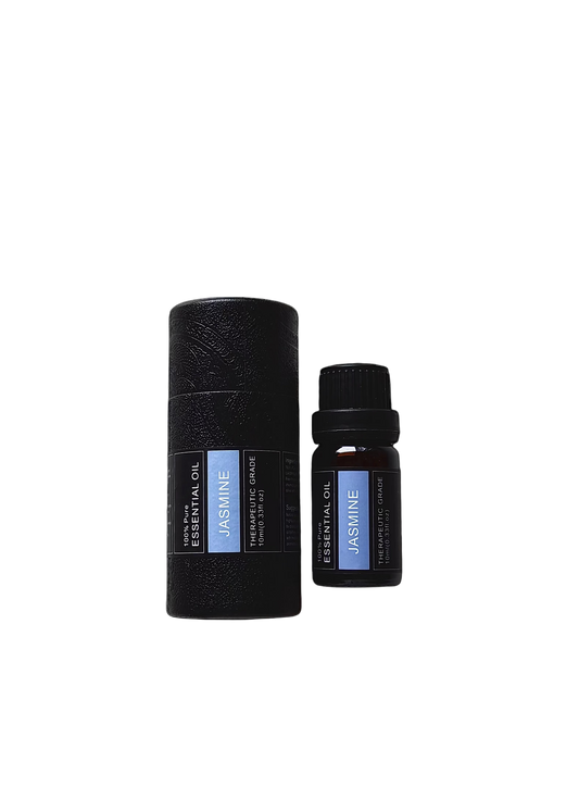 'Jasmine' essential oil bottle and packaging on a transparent background