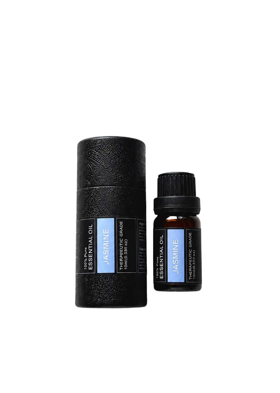 ‘Jasmine' essential oil bottle and packaging on a transparent background