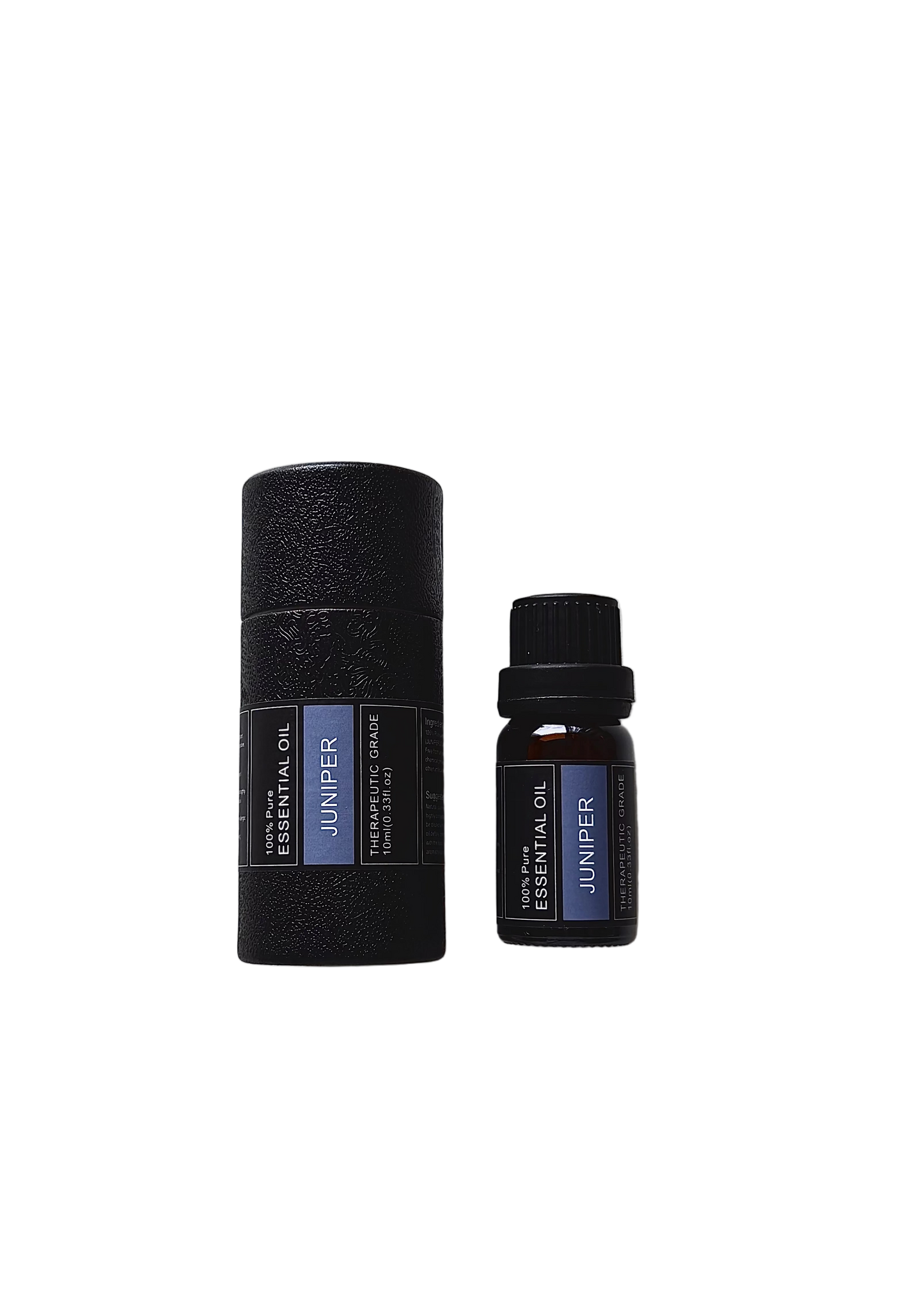 'Juniper' essential oil bottle and packaging on a white background