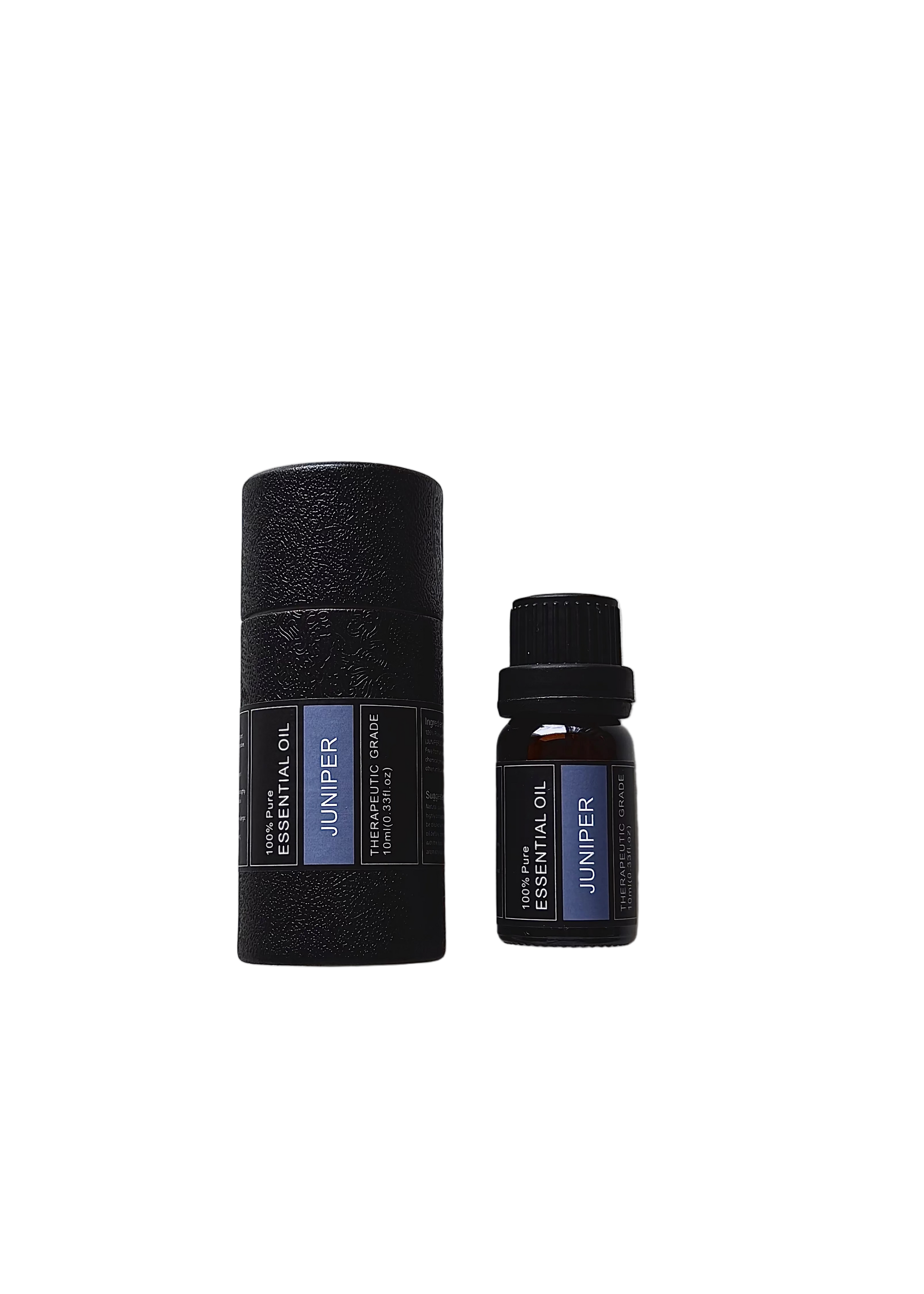 'Juniper' essential oil bottle and packaging on a white background