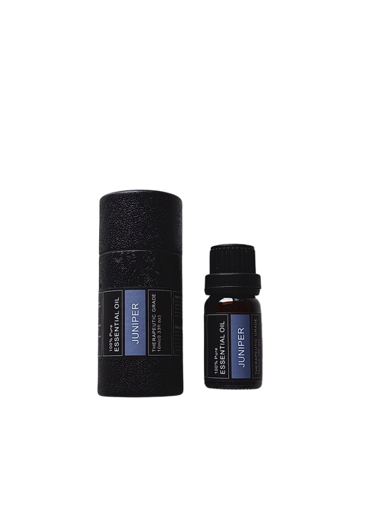 'Juniper' essential oil bottle and packaging on a white background