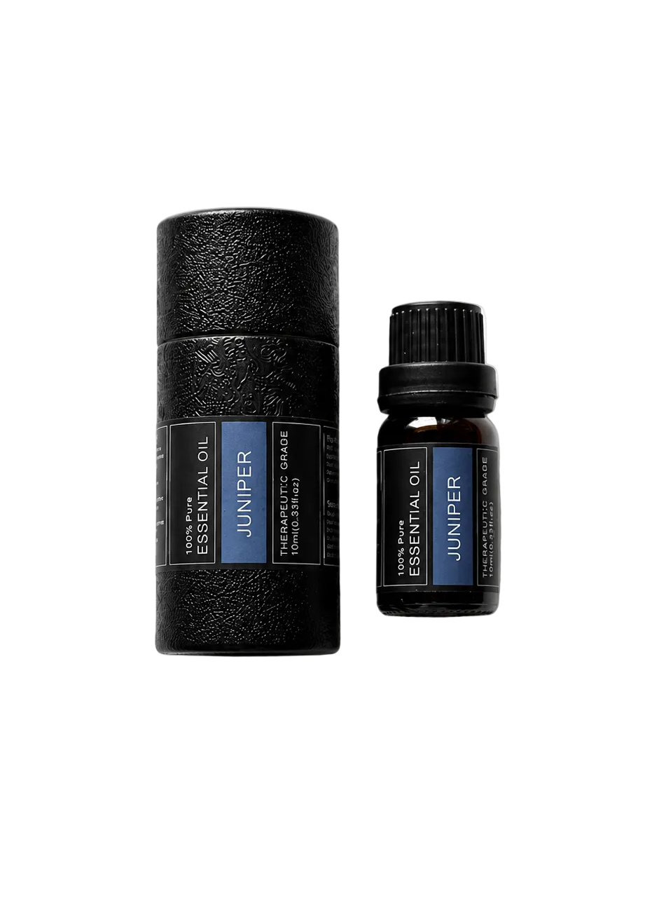 'Juniper' essential oil bottle and packaging on a transparent background