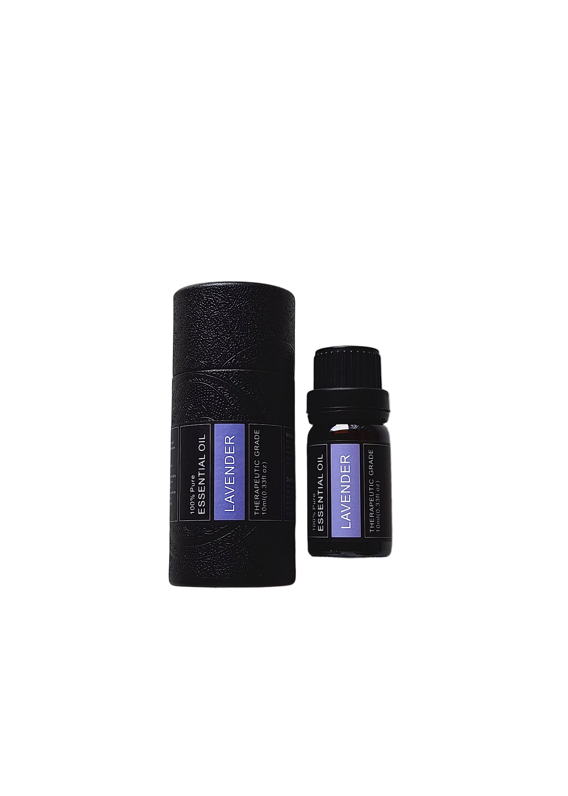 'Lavender' essential oil bottle and packaging on a transparent background