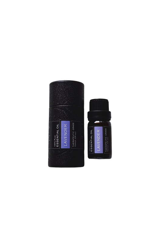 'Lavender' essential oil bottle and packaging on a transparent background