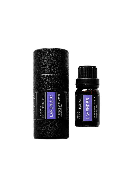 ‘Lavender' essential oil bottle and packaging on a transparent background