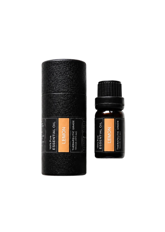 'Lemon' essential oil bottle and packaging on a transparent background