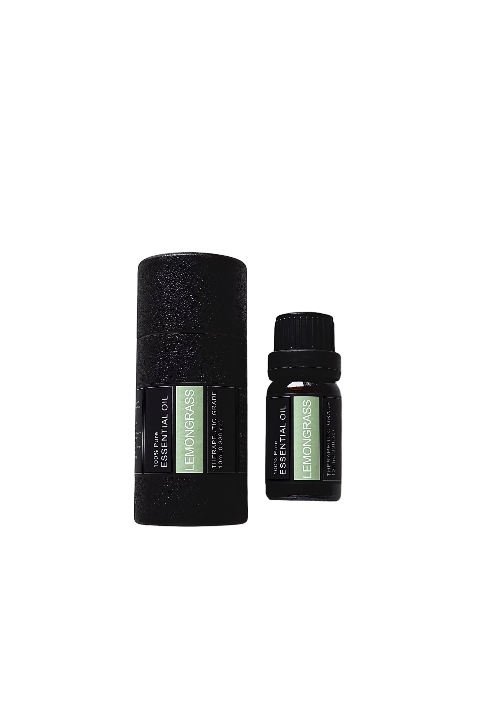 'Lemongrass' essential oil bottle and packaging on a transparent background