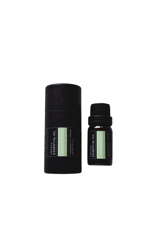 'Lemongrass' essential oil bottle and packaging on a transparent background