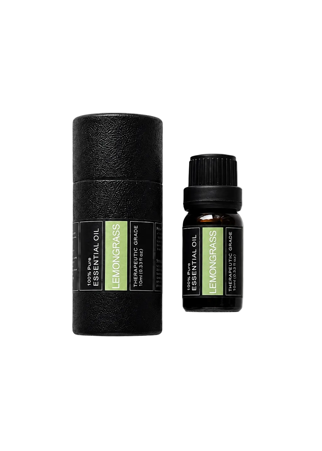 'Lemongrass' essential oil bottle and packaging on a transparent background