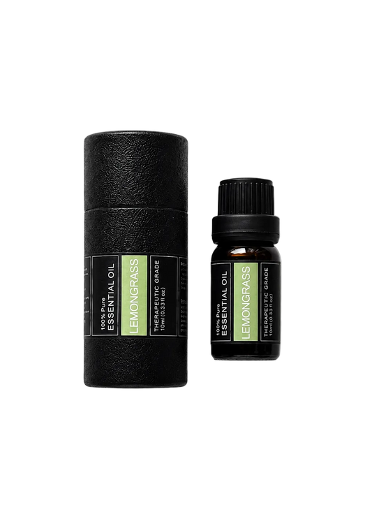 'Lemongrass' essential oil bottle and packaging on a transparent background