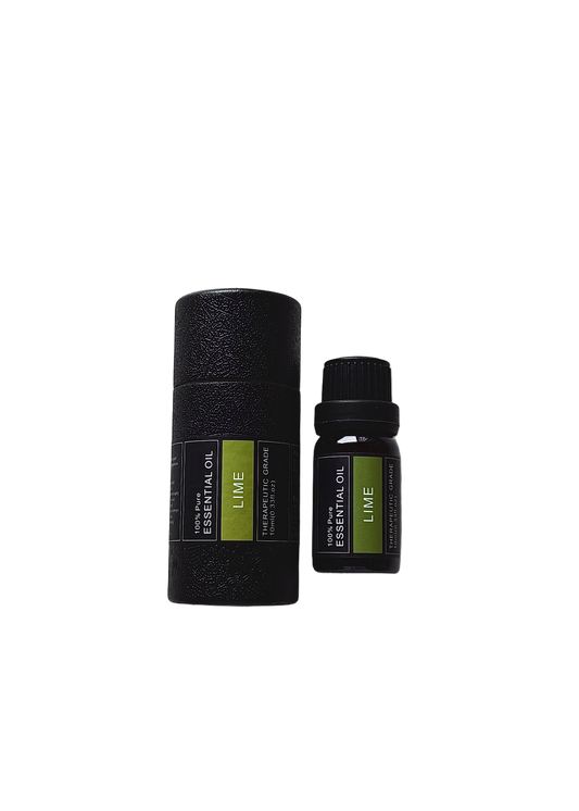 'Lime' essential oil bottle and packaging on a transparent background