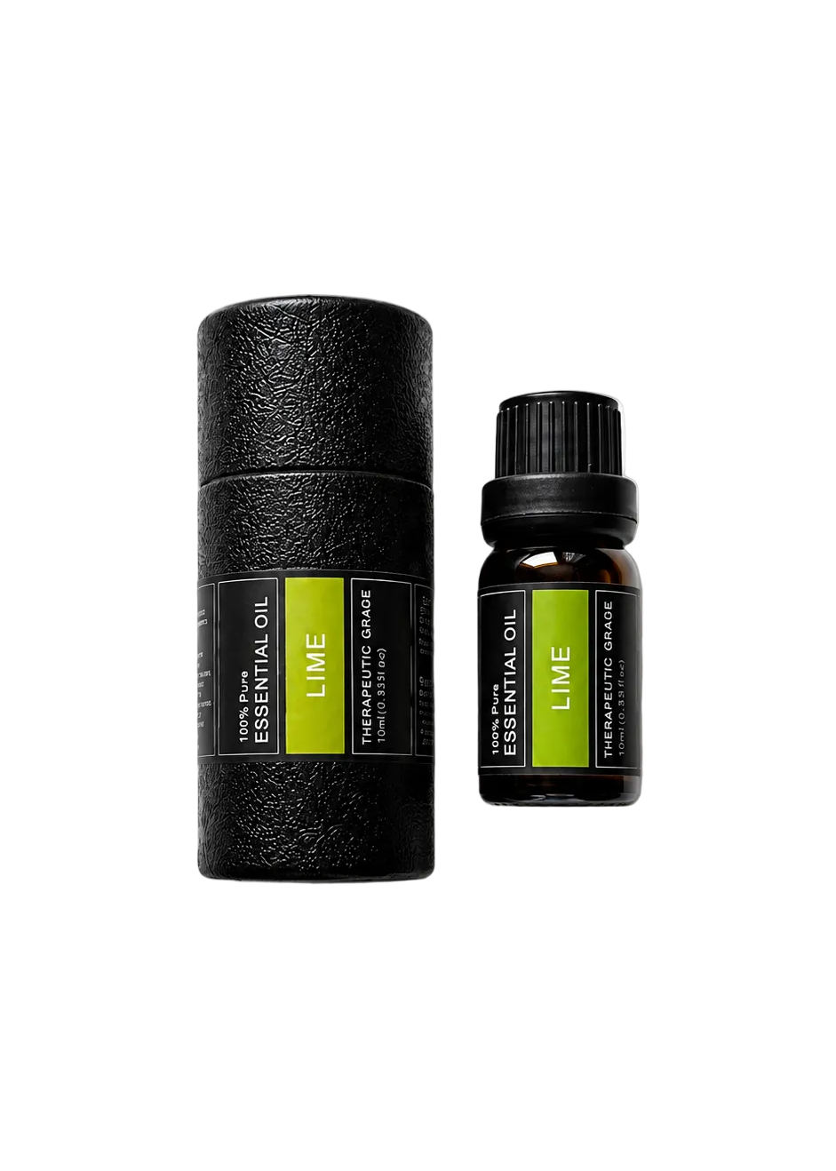 'Lime' essential oil bottle and packaging on a transparent background