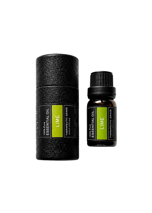 'Lime' essential oil bottle and packaging on a transparent background