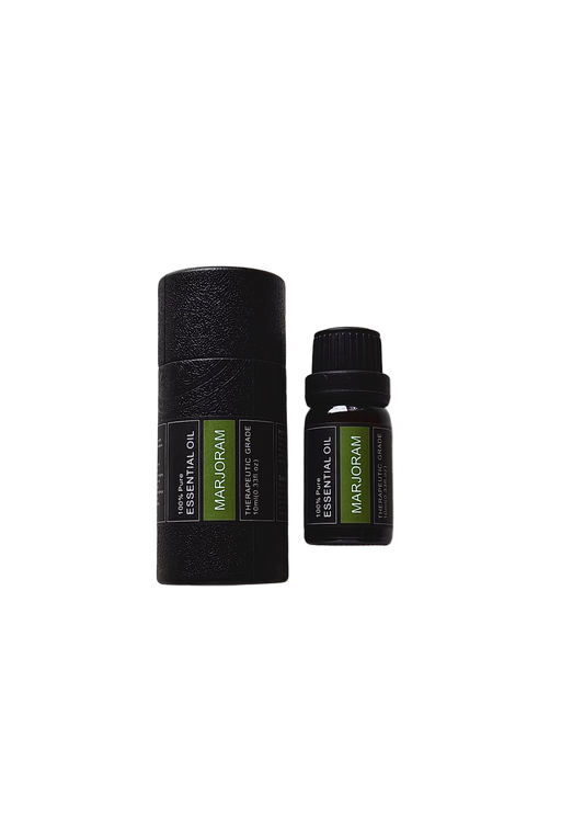 ‘Marjoram' essential oil bottle and packaging on a transparent background