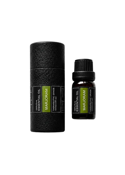 'Marjoram' essential oil bottle and packaging on a transparent background