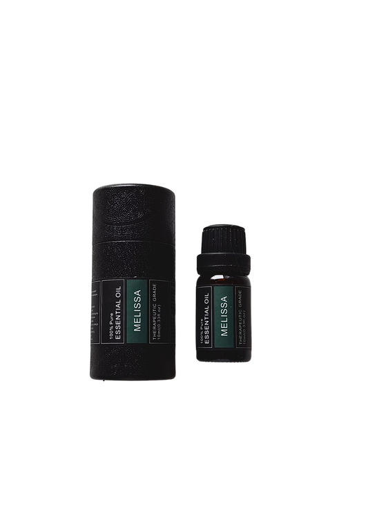 'Melissa' essential oil bottle and packaging on a transparent background