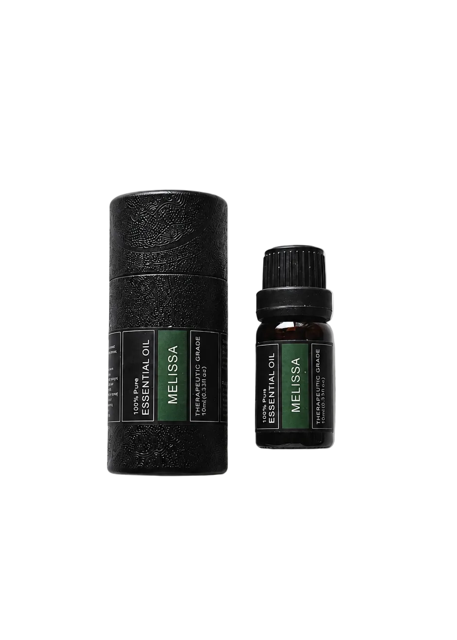 ‘Melissa' essential oil bottle and packaging on a transparent background