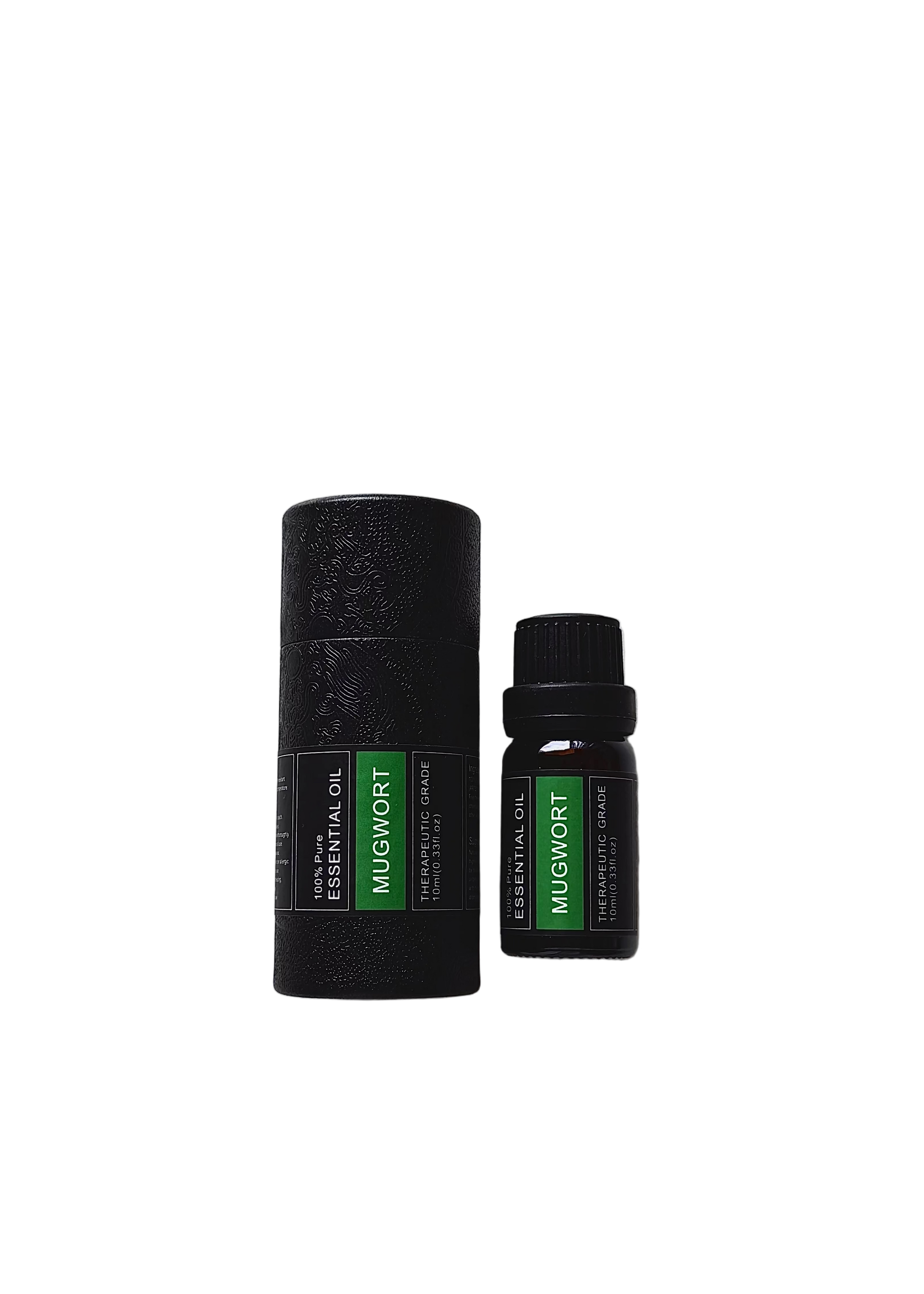 ‘Mugwort' essential oil bottle and packaging on a transparent background