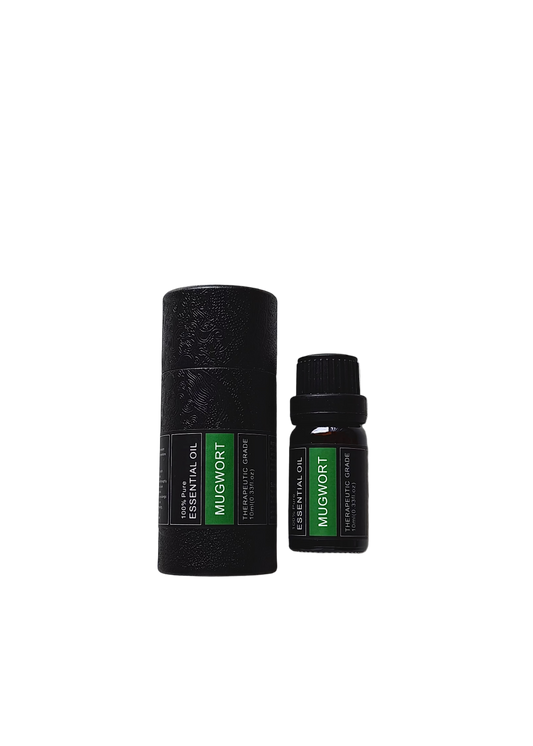 ‘Mugwort' essential oil bottle and packaging on a transparent background