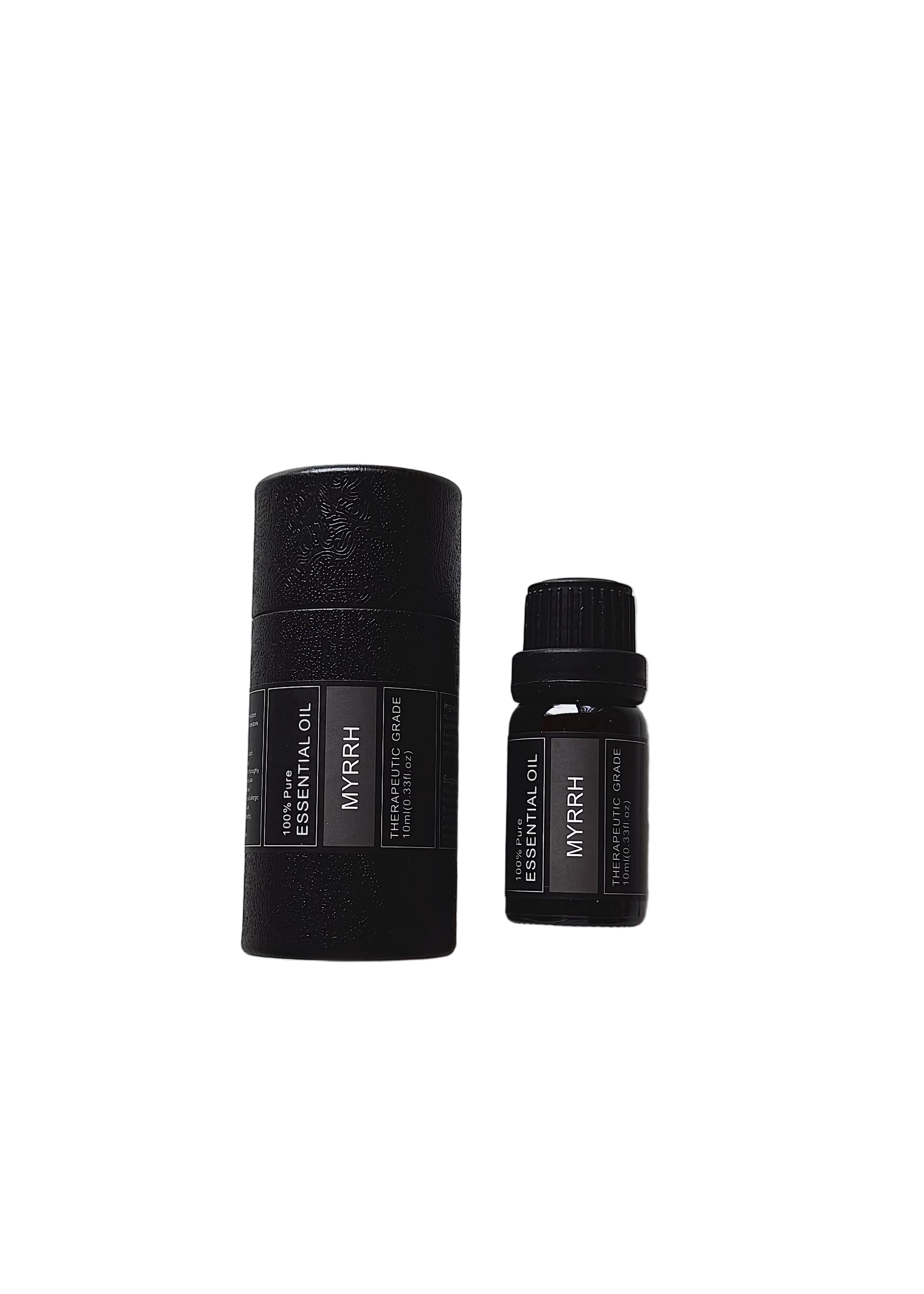 'Myrrh' essential oil bottle and packaging on a transparent background