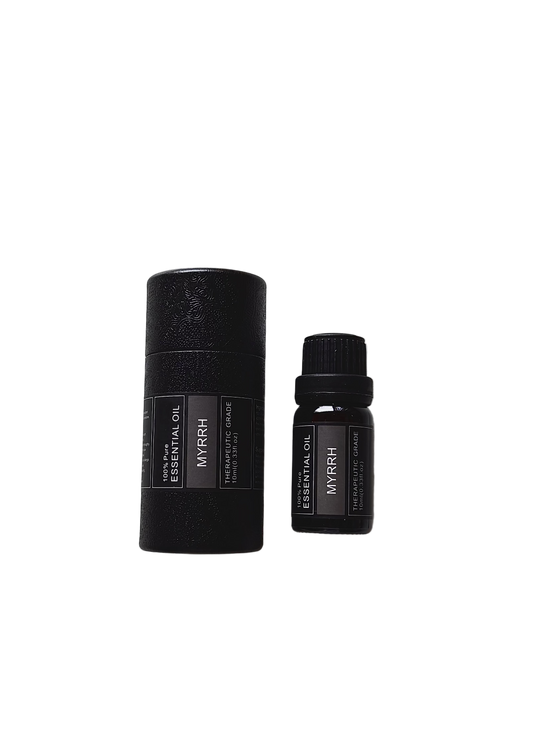 'Myrrh' essential oil bottle and packaging on a transparent background