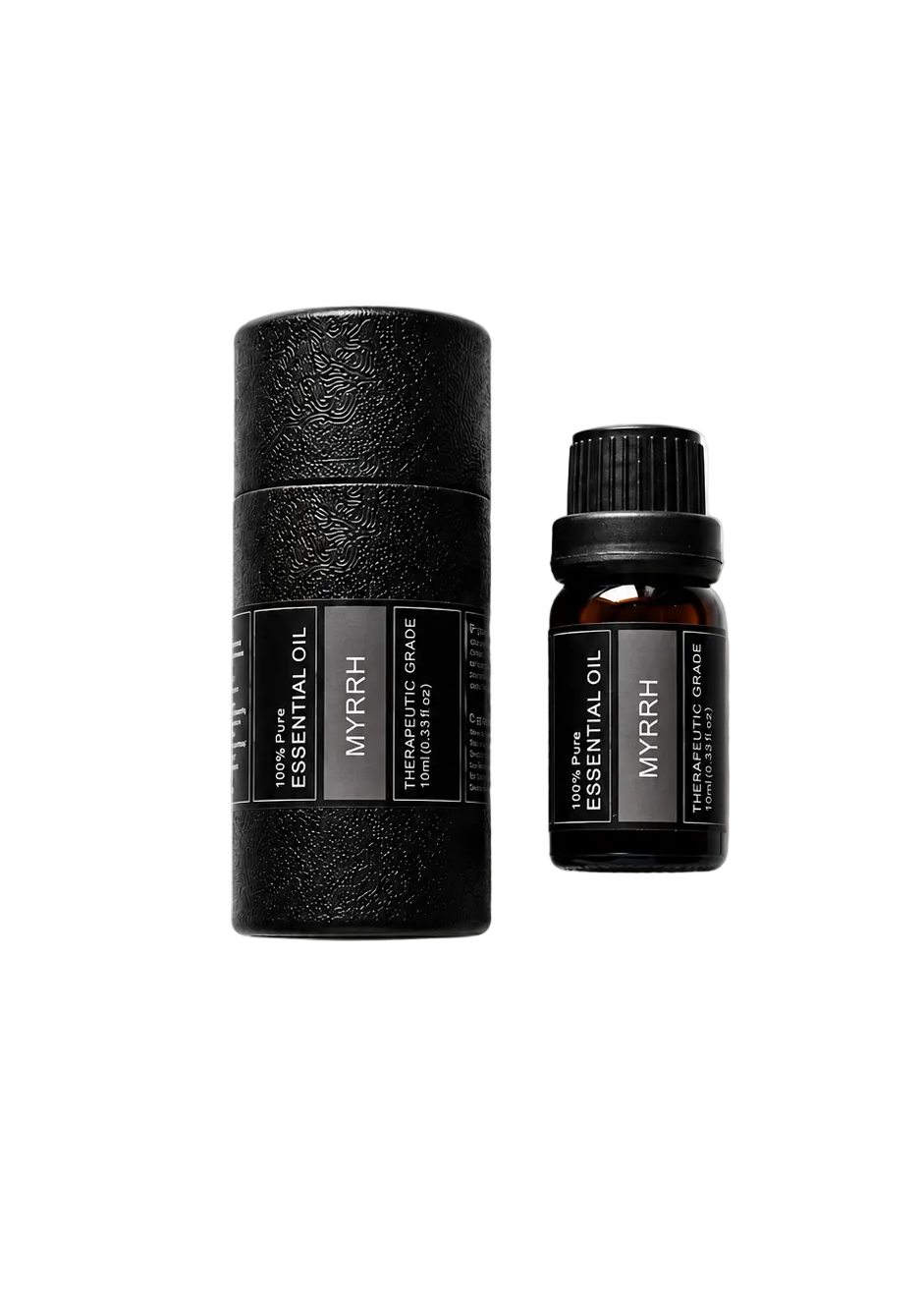 'Myrrh' essential oil bottle and packaging on a transparent background