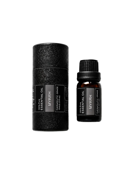 'Myrrh' essential oil bottle and packaging on a transparent background