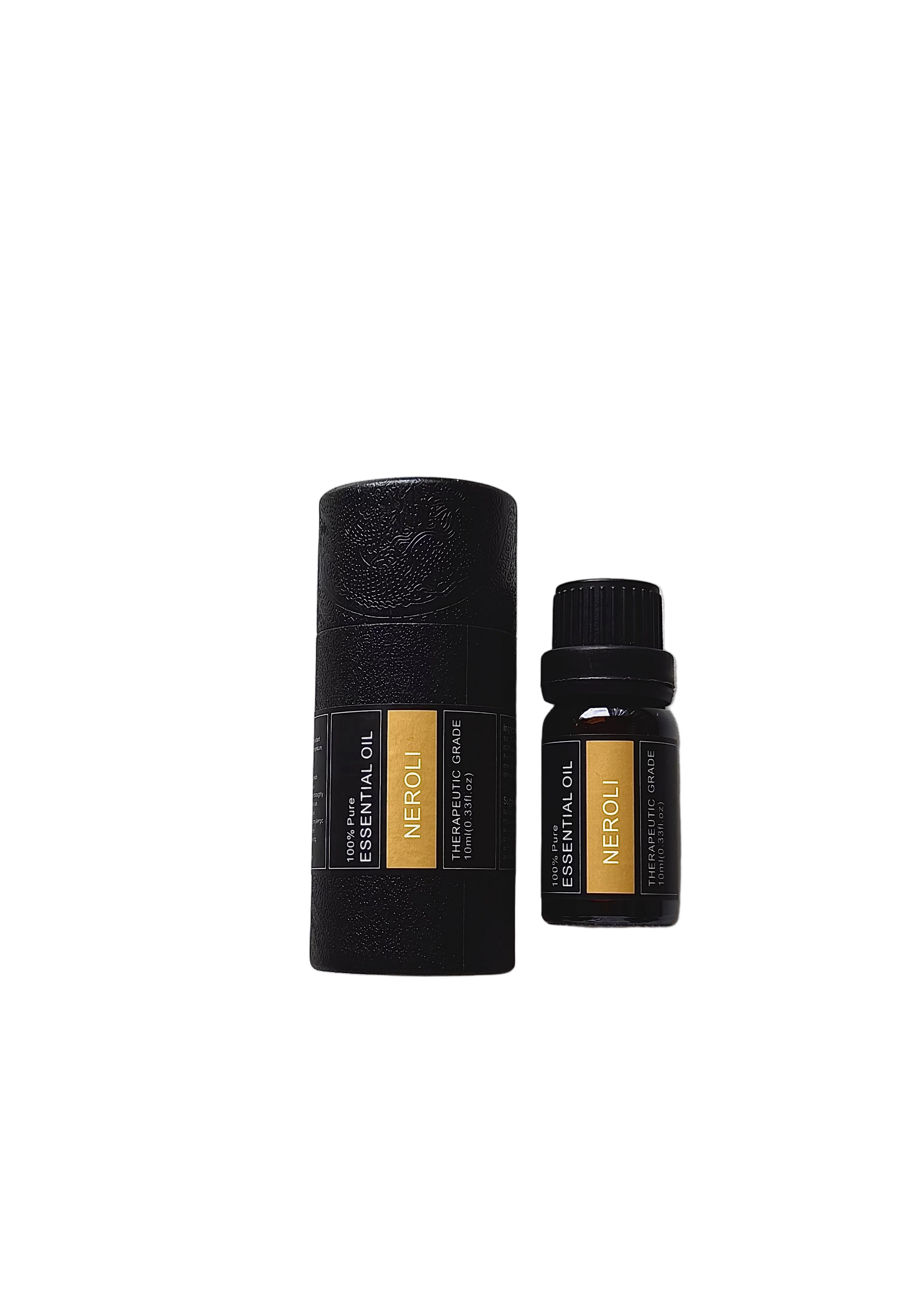 'Neroli' essential oil bottle and packaging on a transparent background