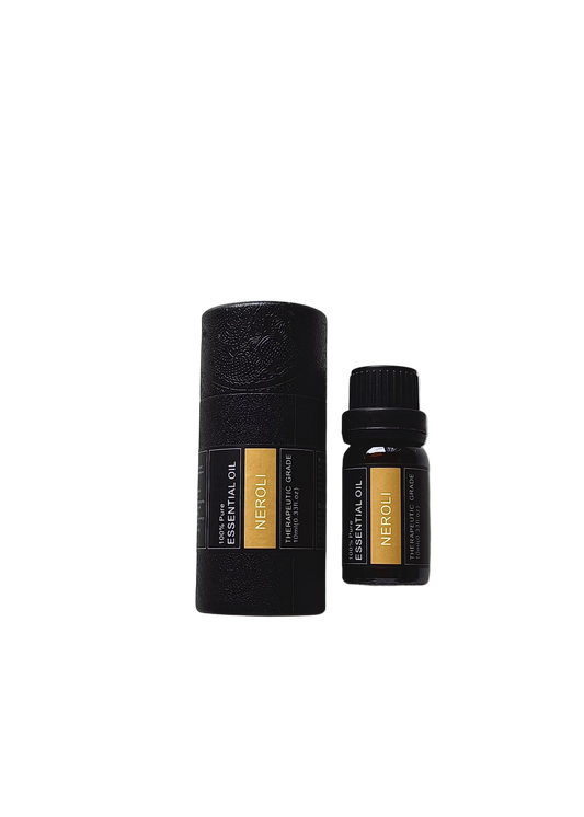 'Neroli' essential oil bottle and packaging on a transparent background