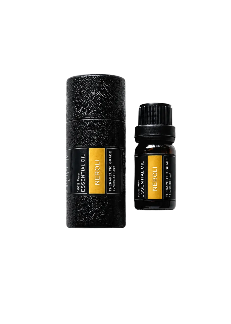 'Neroli' essential oil bottle and packaging on a transparent background