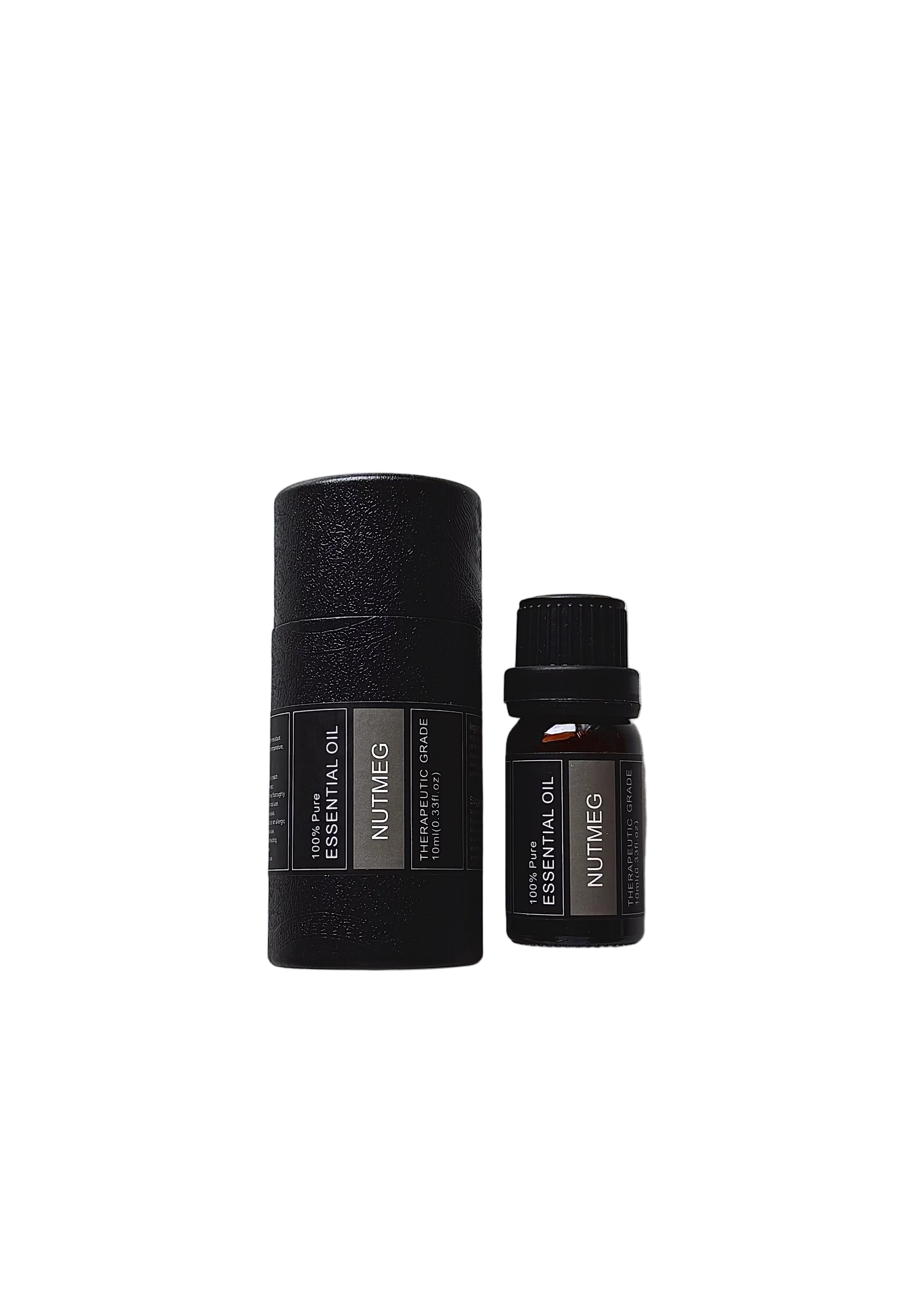 'Nutmeg' essential oil bottle and packaging on a white background