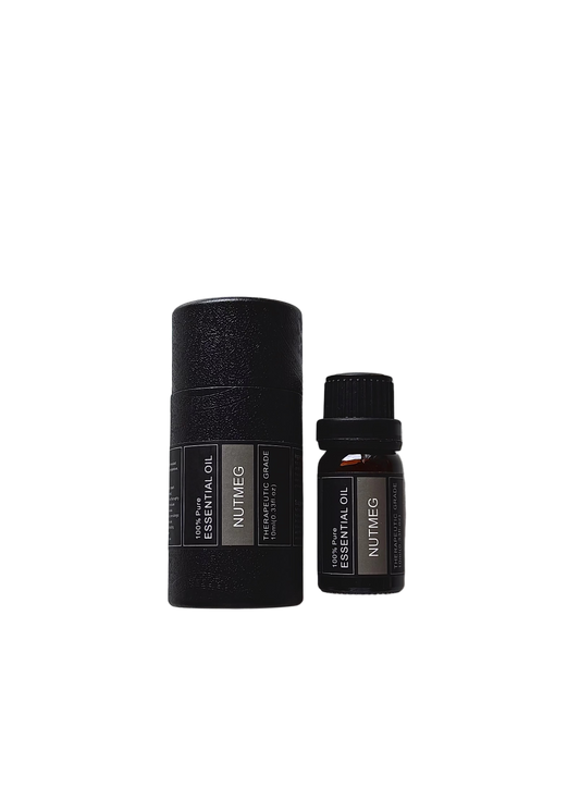 'Nutmeg' essential oil bottle and packaging on a white background
