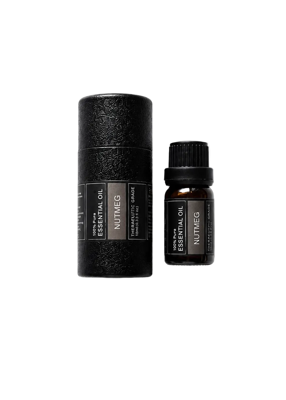 'Nutmeg' essential oil bottle and packaging on a transparent background